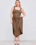 Square Neck Solid Twist Knotted Brown Maxi Dress Curve & Plus