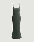 Square Neck Spaghetti Strap Maxi Dress In Olive Green