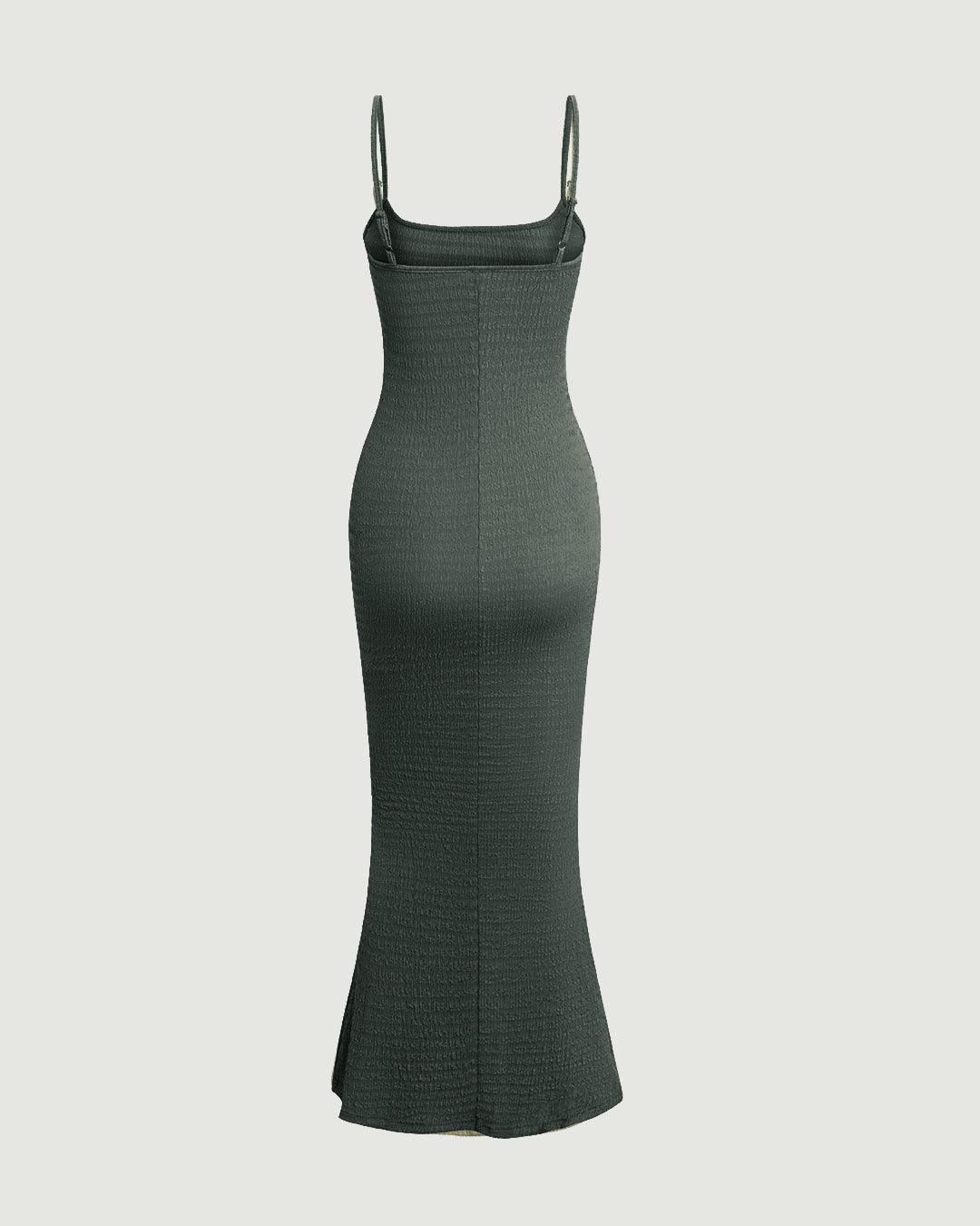 Square Neck Spaghetti Strap Maxi Dress In Olive Green