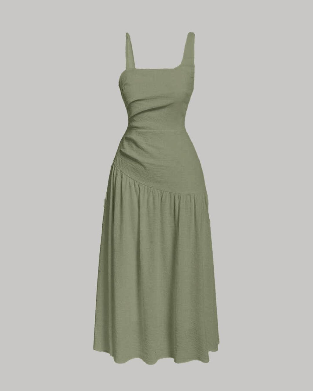 Square Neck Spaghetti Straps Ruched Side  Green Dress