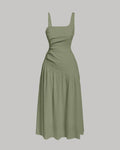 Square Neck Spaghetti Straps Ruched Side  Green Dress