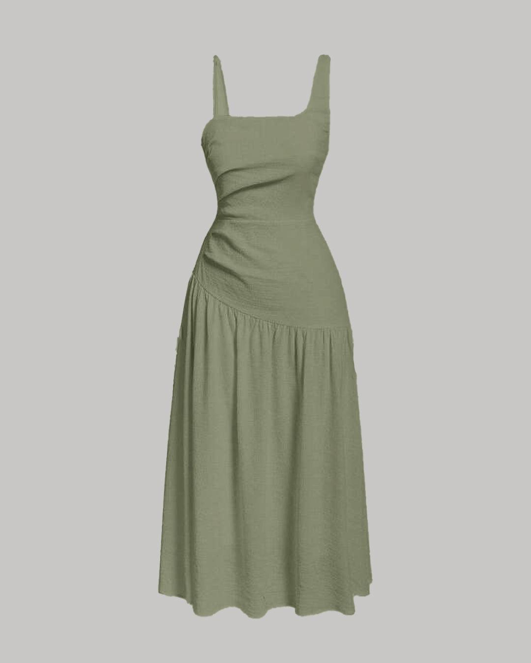 Square Neck Spaghetti Straps Ruched Side  Green Dress