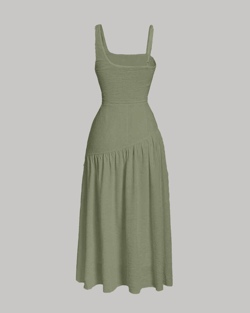 Square Neck Spaghetti Straps Ruched Side  Green Dress