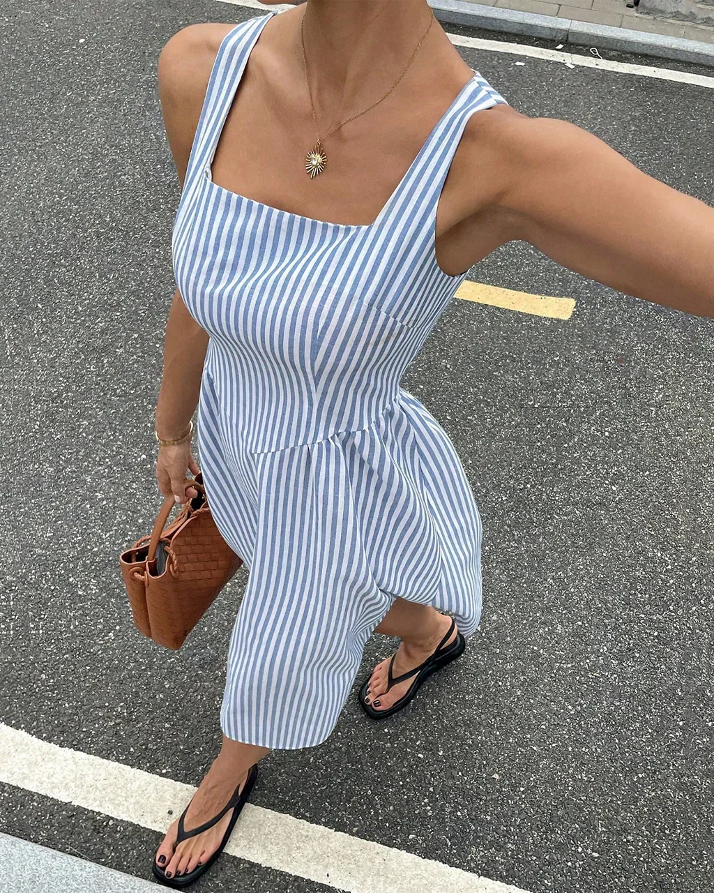 Square Neck Striped Midi Dress with Spaghetti Straps in Blue