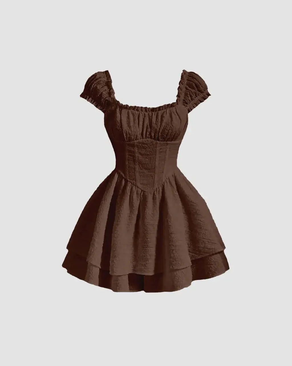 Brown Short Dress with Puff Sleeves in Chocolate Brown