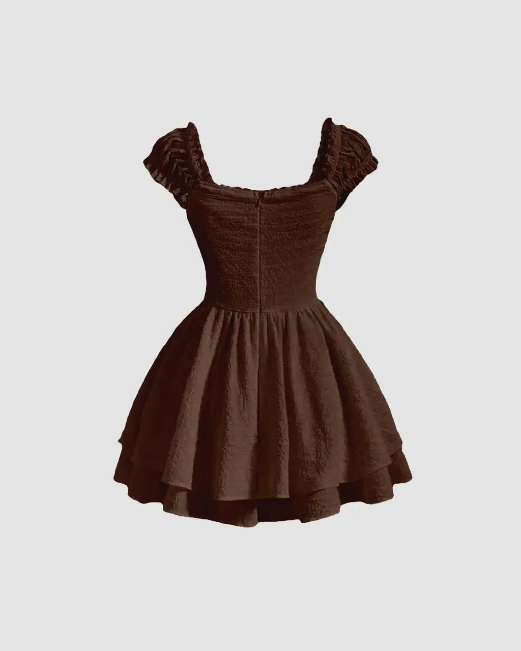 Brown Short Dress with Puff Sleeves in Chocolate Brown