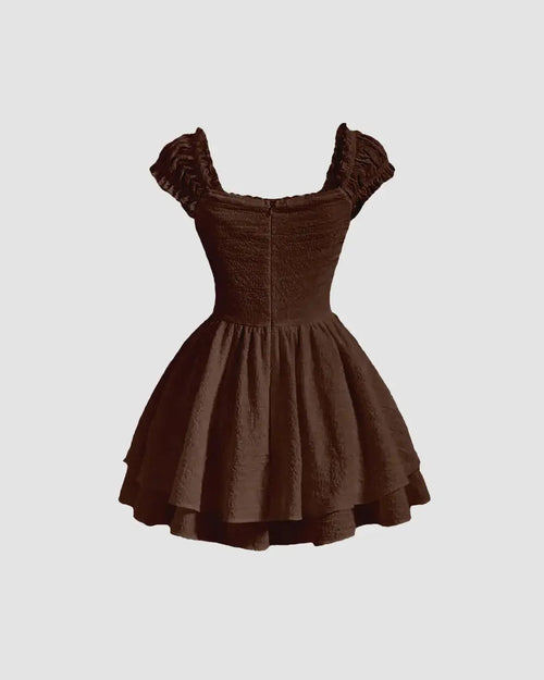 Brown Short Dress with Puff Sleeves in Chocolate Brown