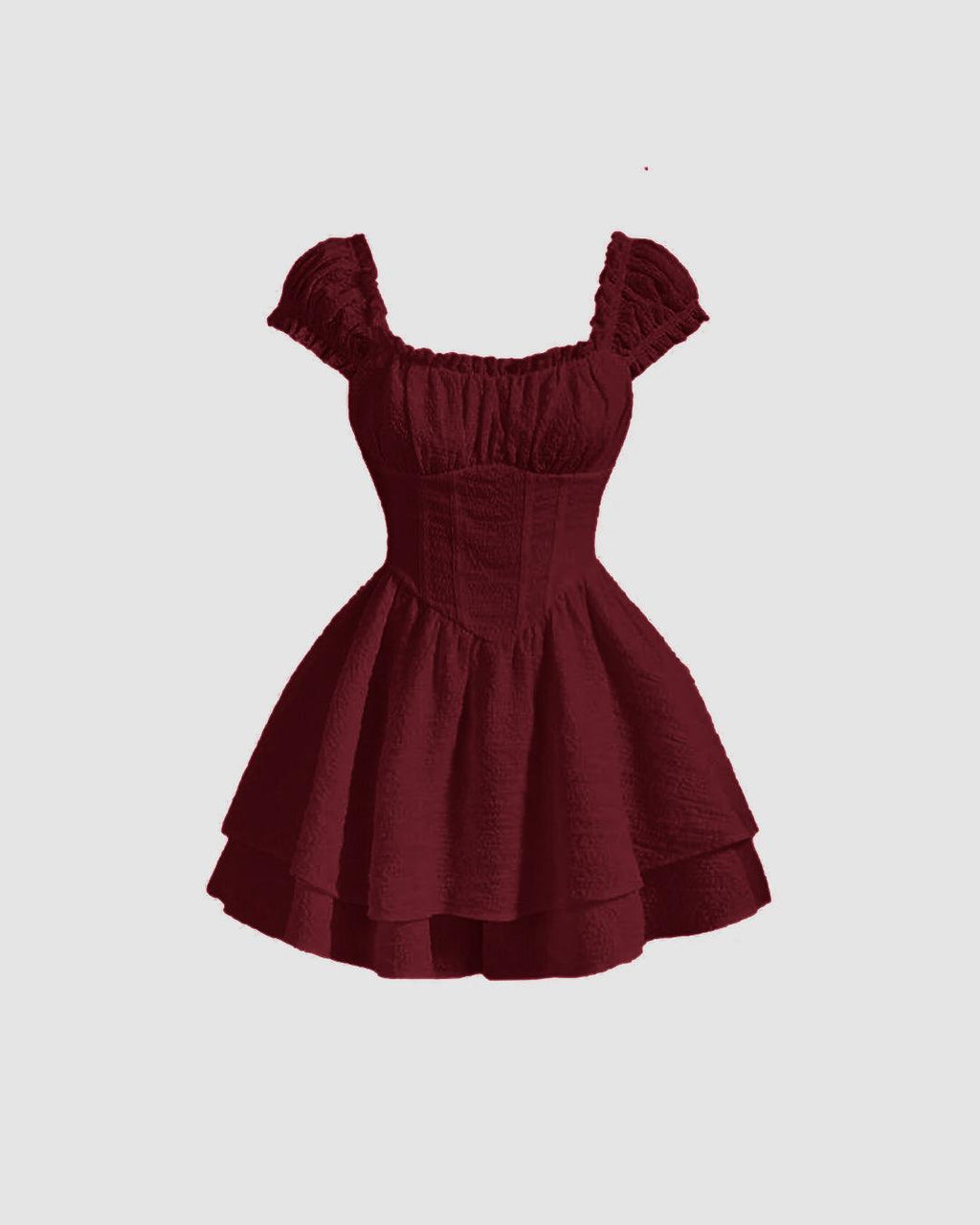 Square Neck Textured Waist-Cinching Maroon Dress