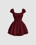 Square Neck Textured Waist-Cinching Maroon Dress