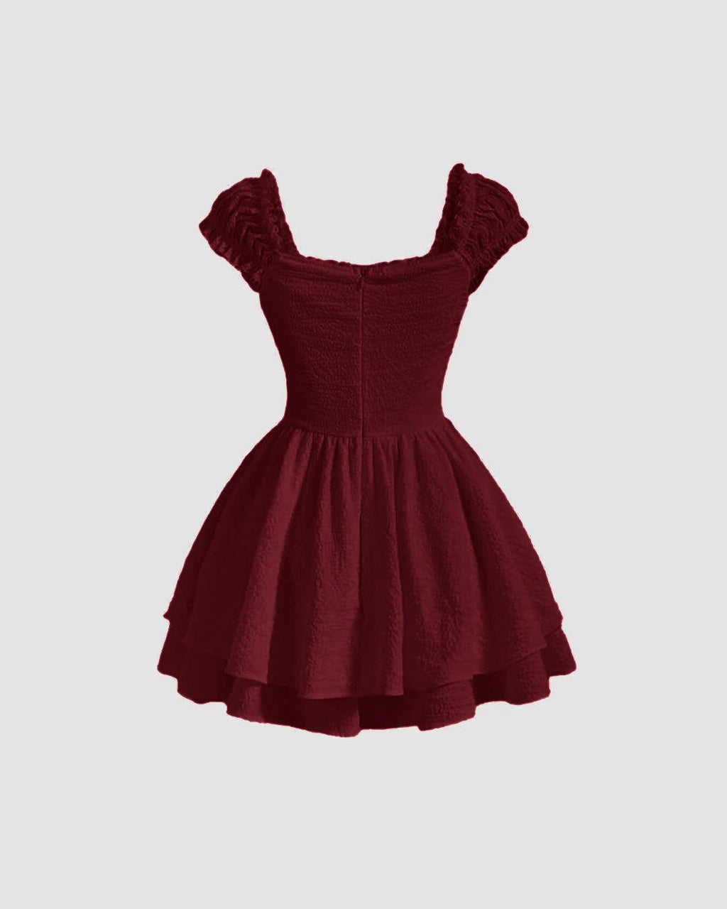 Square Neck Textured Waist-Cinching Maroon Dress