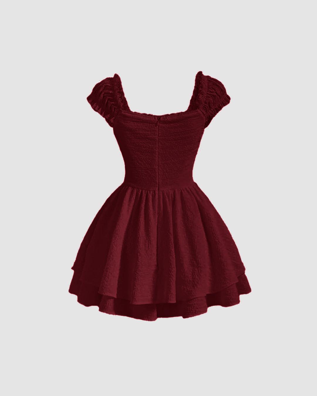 Square Neck Textured Waist-Cinching Maroon Dress