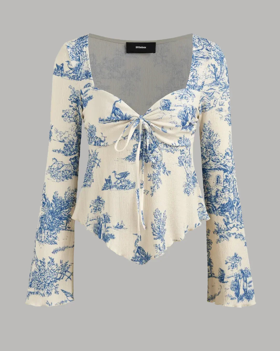 Square Neck Tie-Up Bell Sleeve Printed Long Top in Blue and Beige