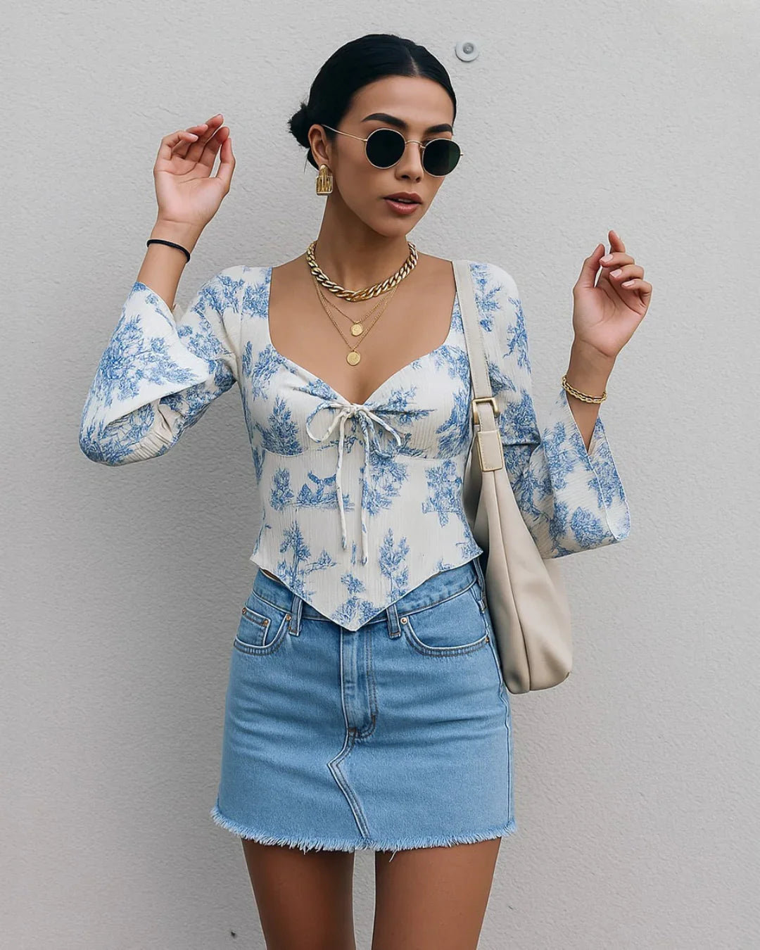 Square Neck Tie-Up Bell Sleeve Printed Long Top in Blue and Beige