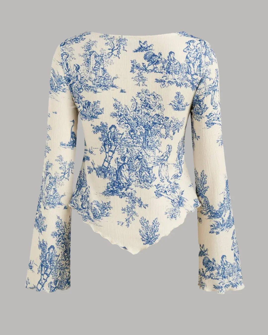 Square Neck Tie-Up Bell Sleeve Printed Long Top in Blue and Beige
