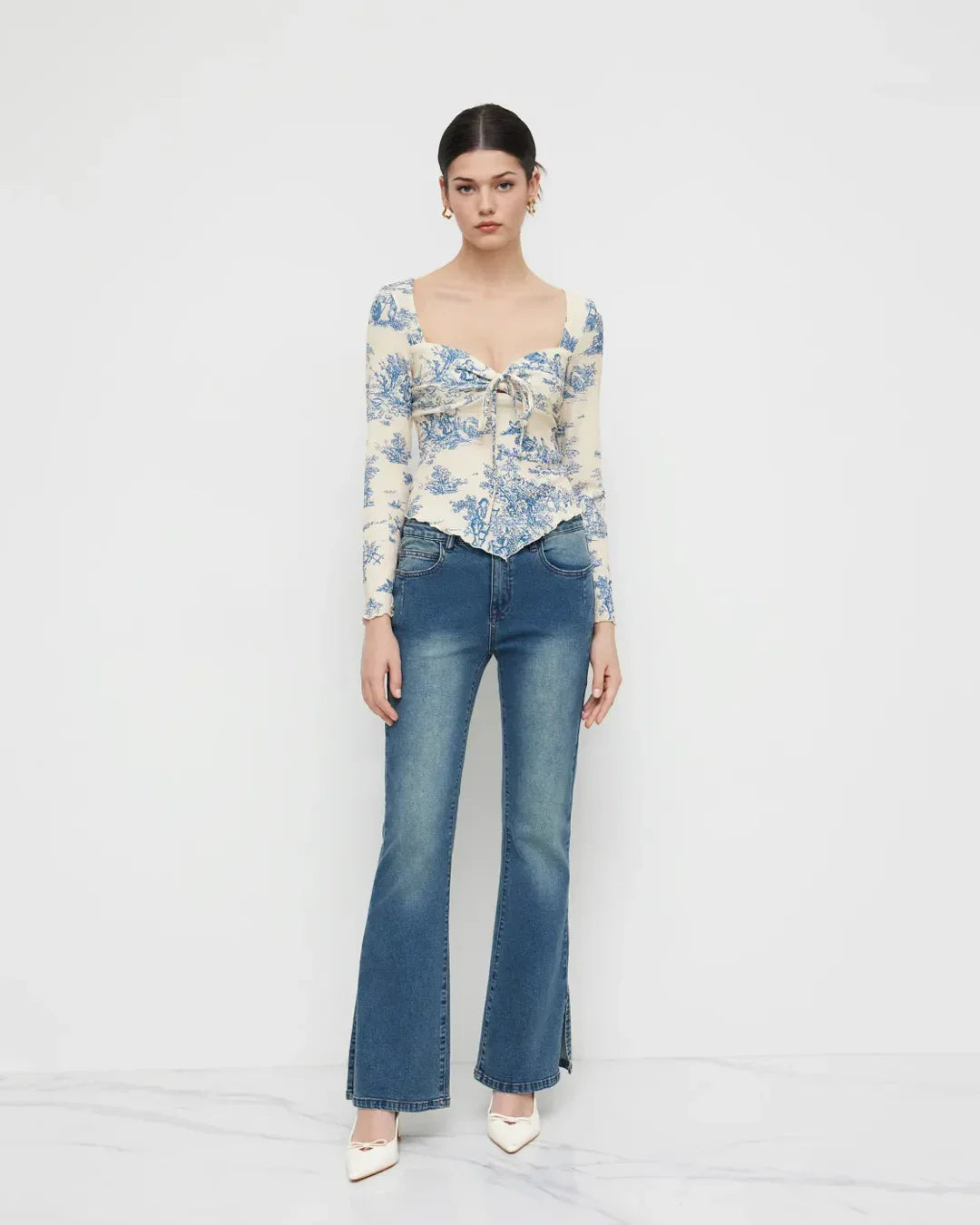 Square Neck Tie-Up Bell Sleeve Printed Long Top in Blue and Beige
