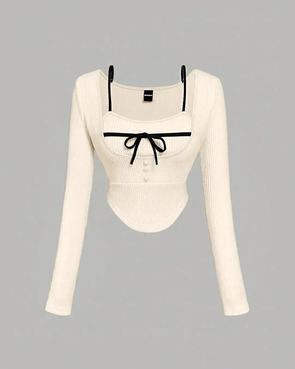 Square Neck Tie Detail Long Sleeve Top in Off White
