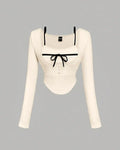 Square Neck Tie Detail Long Sleeve Top in Off White