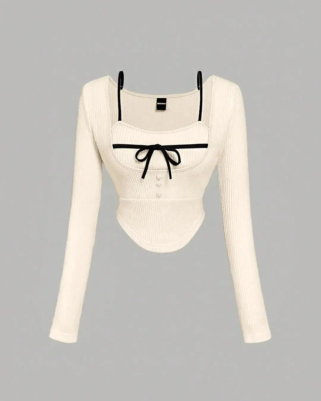 Square Neck Tie Detail Long Sleeve Top in Off White
