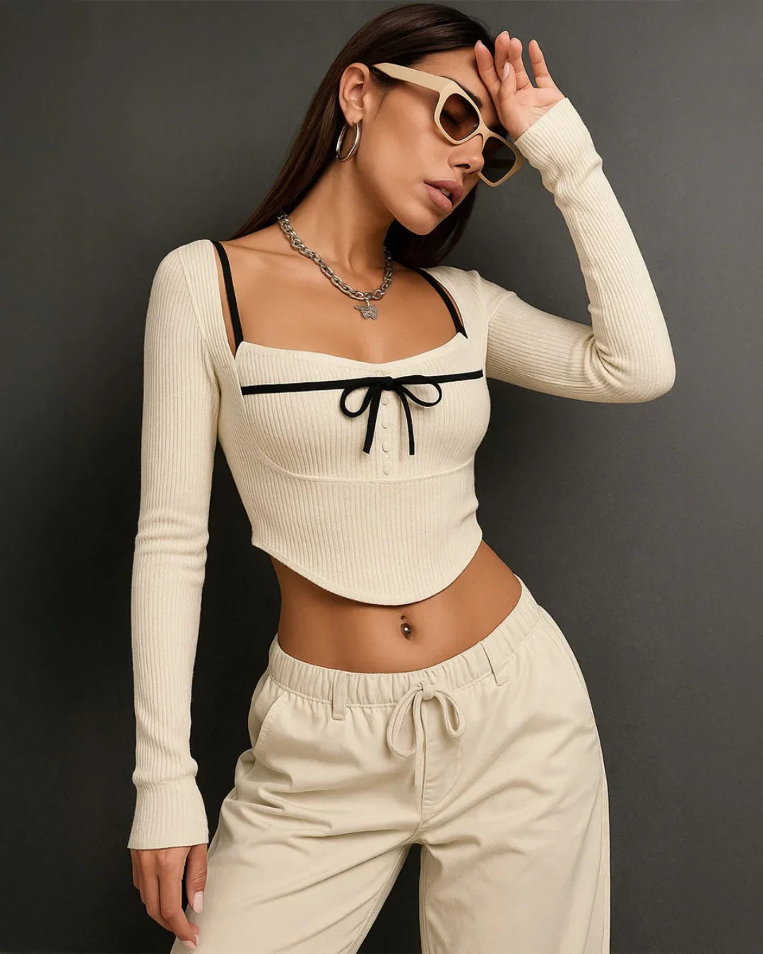 Square Neck Tie Detail Long Sleeve Top in Off White