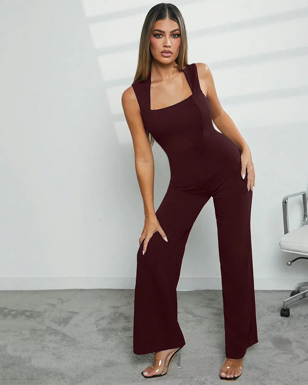 Square Neck Wide Leg Jumpsuit in Chocolate