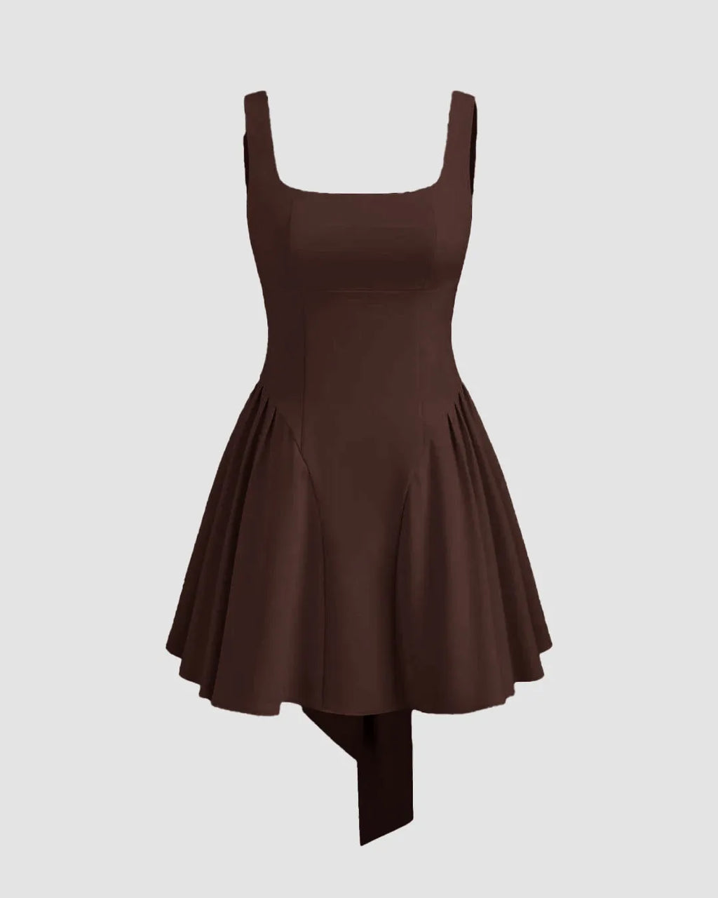 Square Neckline Pleated Mini Dress in Brown