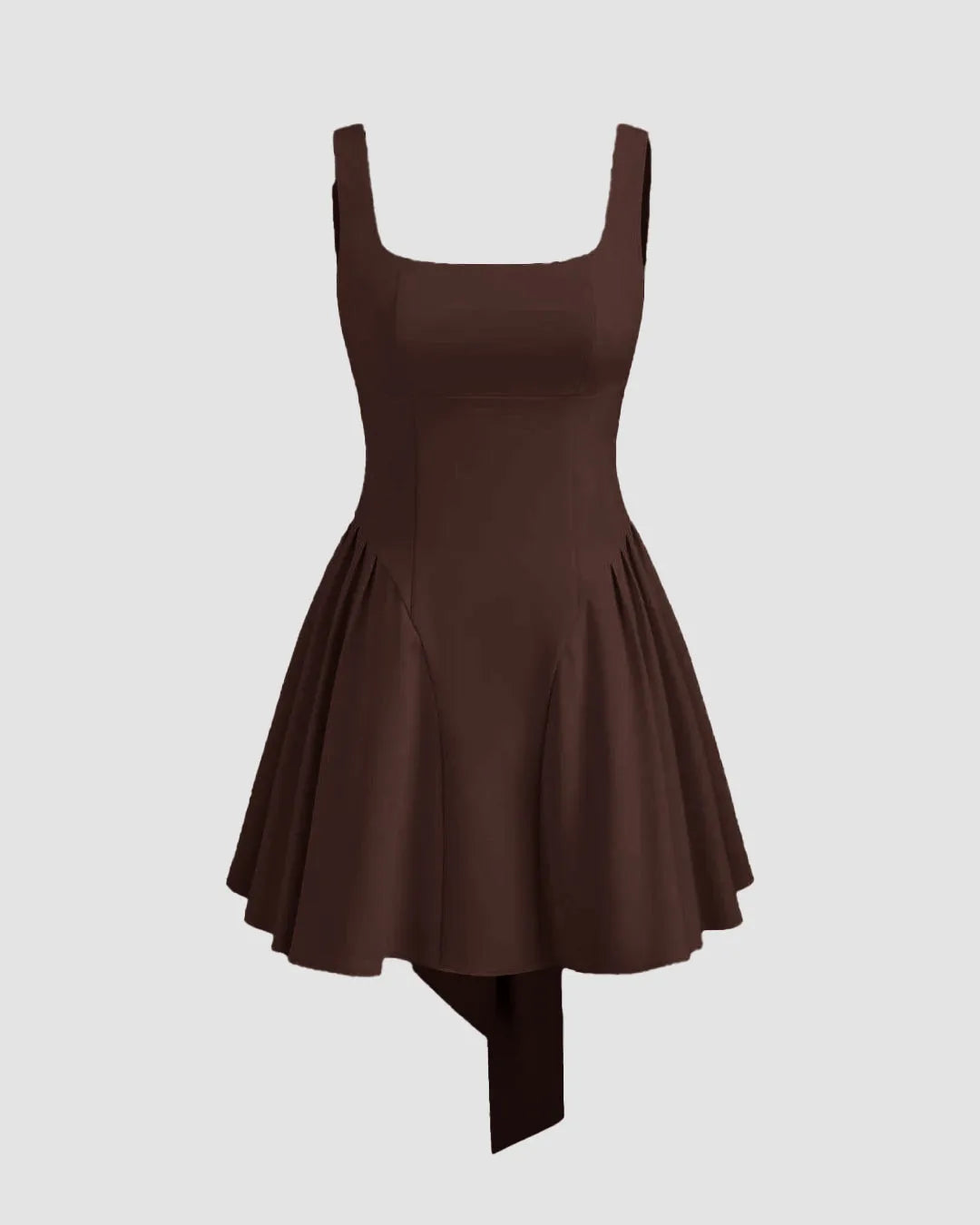Square Neckline Pleated Mini Dress in Brown