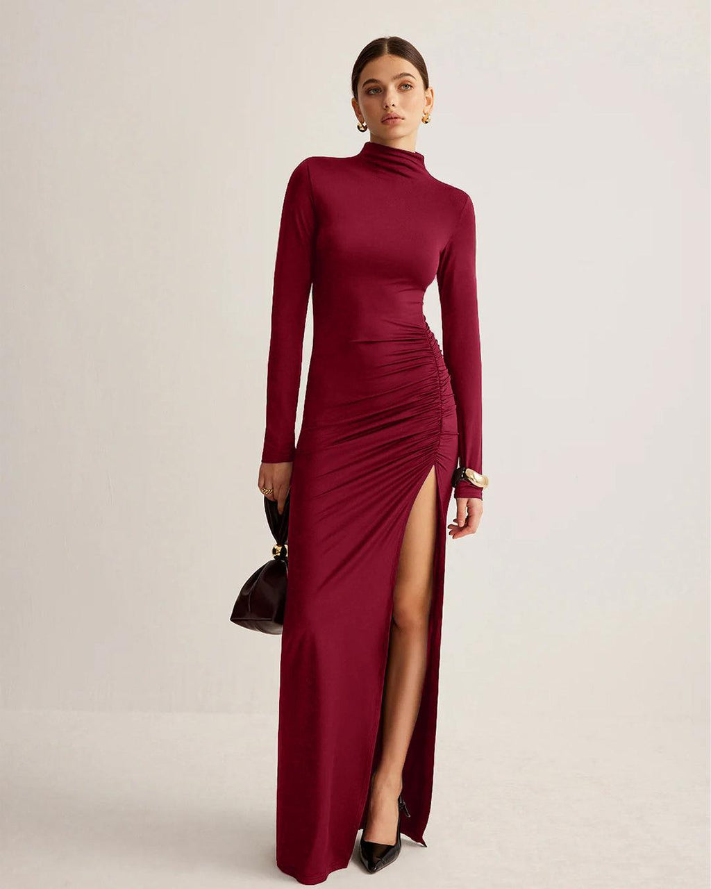 Stand-Collar Pleated Slit Redberry Dress