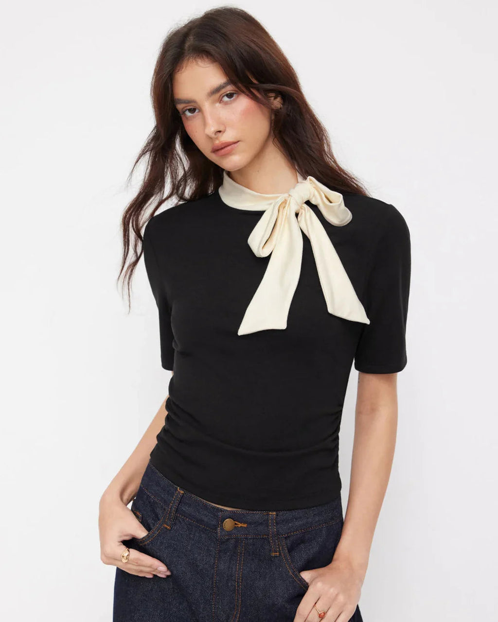 Stand Collar Bowknot Ruched Top in Black