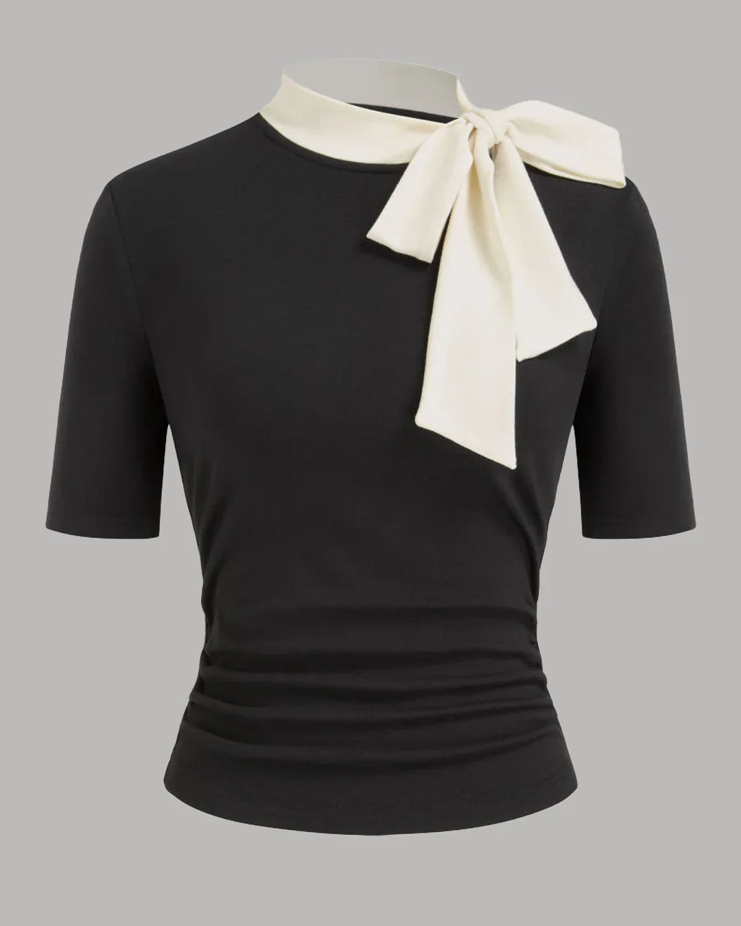 Stand Collar Bowknot Ruched Top in Black