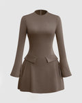 Stitching Bell Sleeve Brown Mini Dress