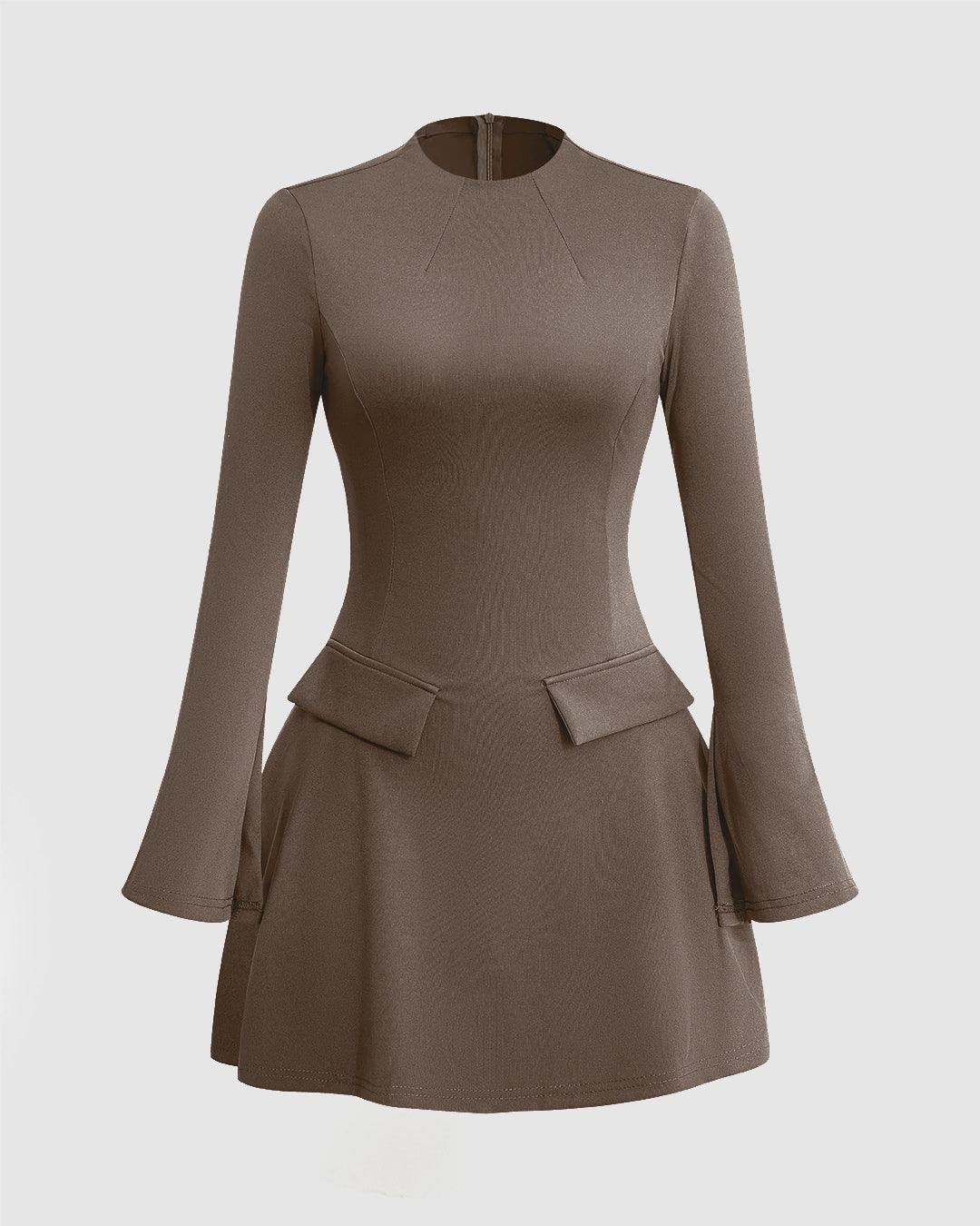 Stitching Bell Sleeve Brown Mini Dress
