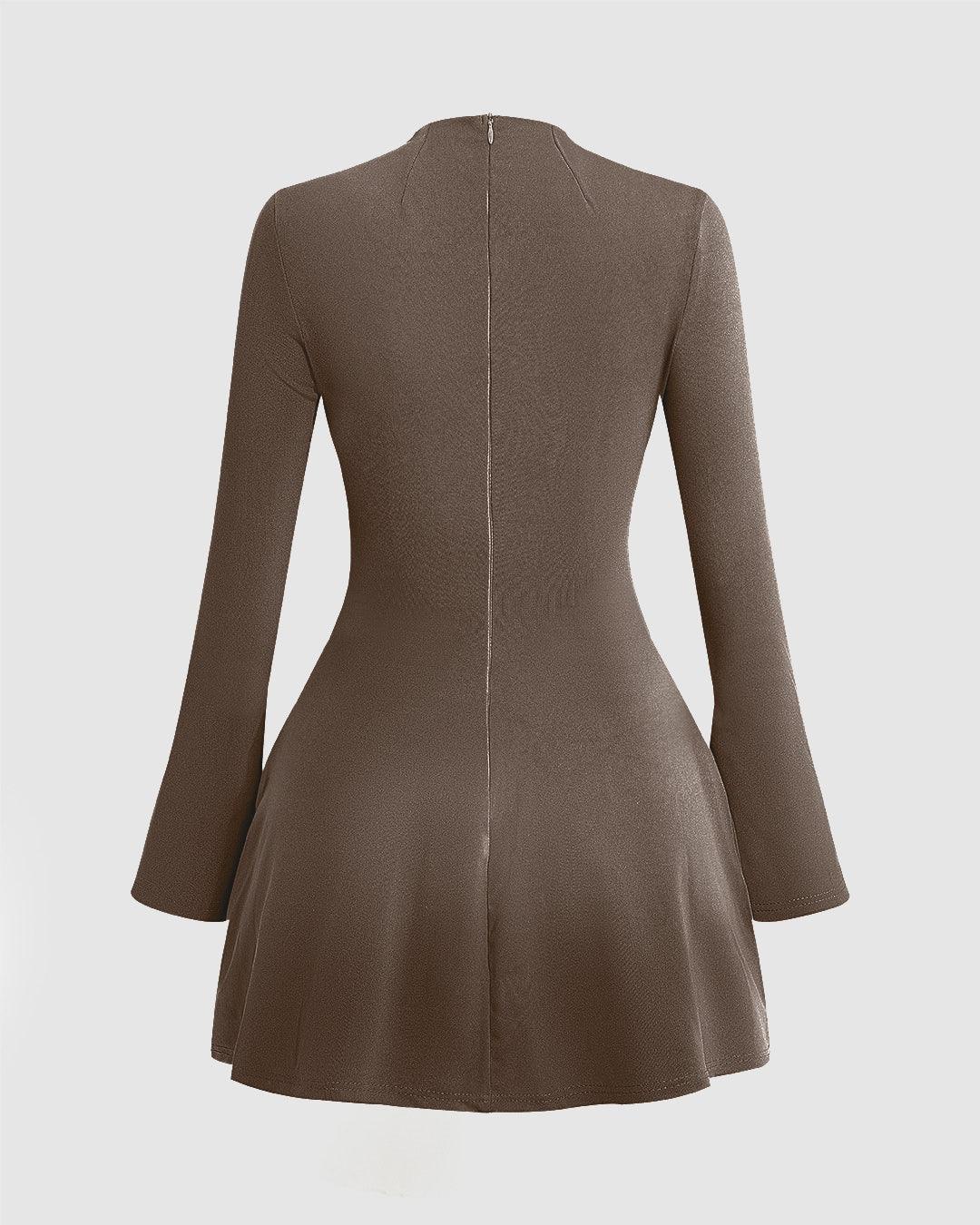 Stitching Bell Sleeve Brown Mini Dress