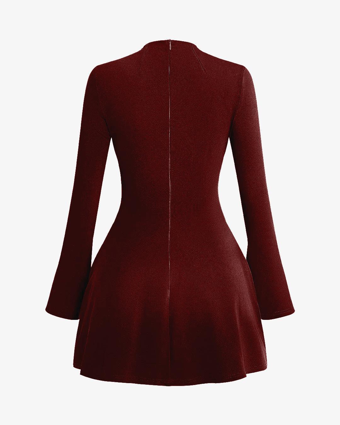 Stitching Bell Sleeve Mini Dress In Maroon