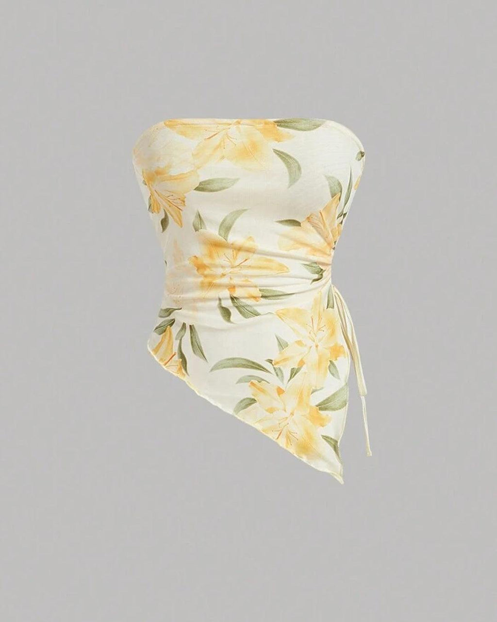 Strapless Floral Print Ruched Side Tie Top in Yellow