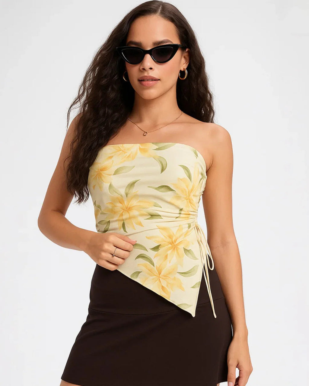 Strapless Floral Print Ruched Side Tie Top in Yellow