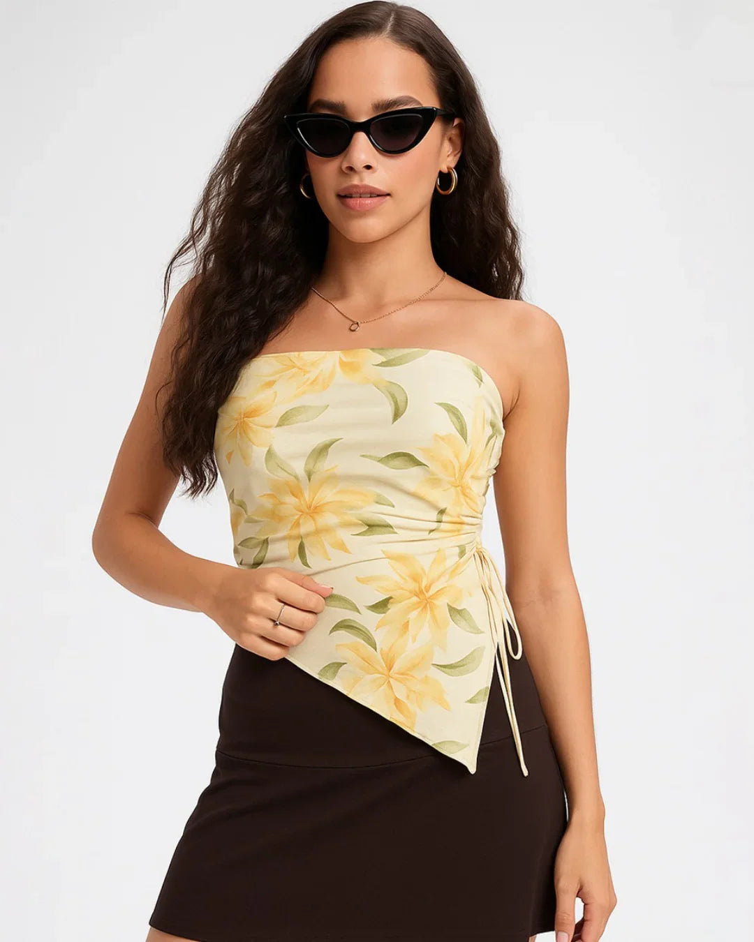 Strapless Floral Print Ruched Side Tie Top in Yellow