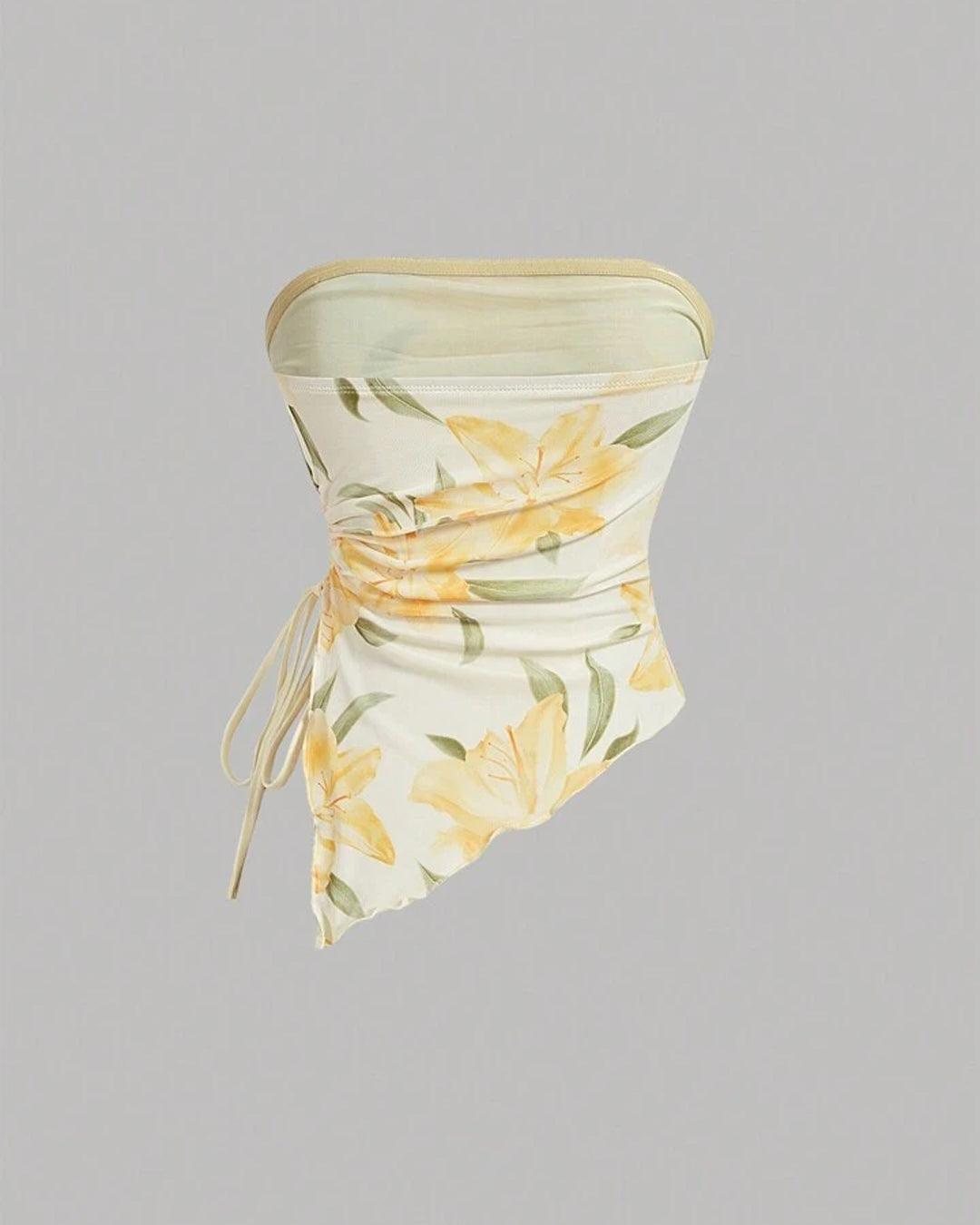 Strapless Floral Print Ruched Side Tie Top in Yellow