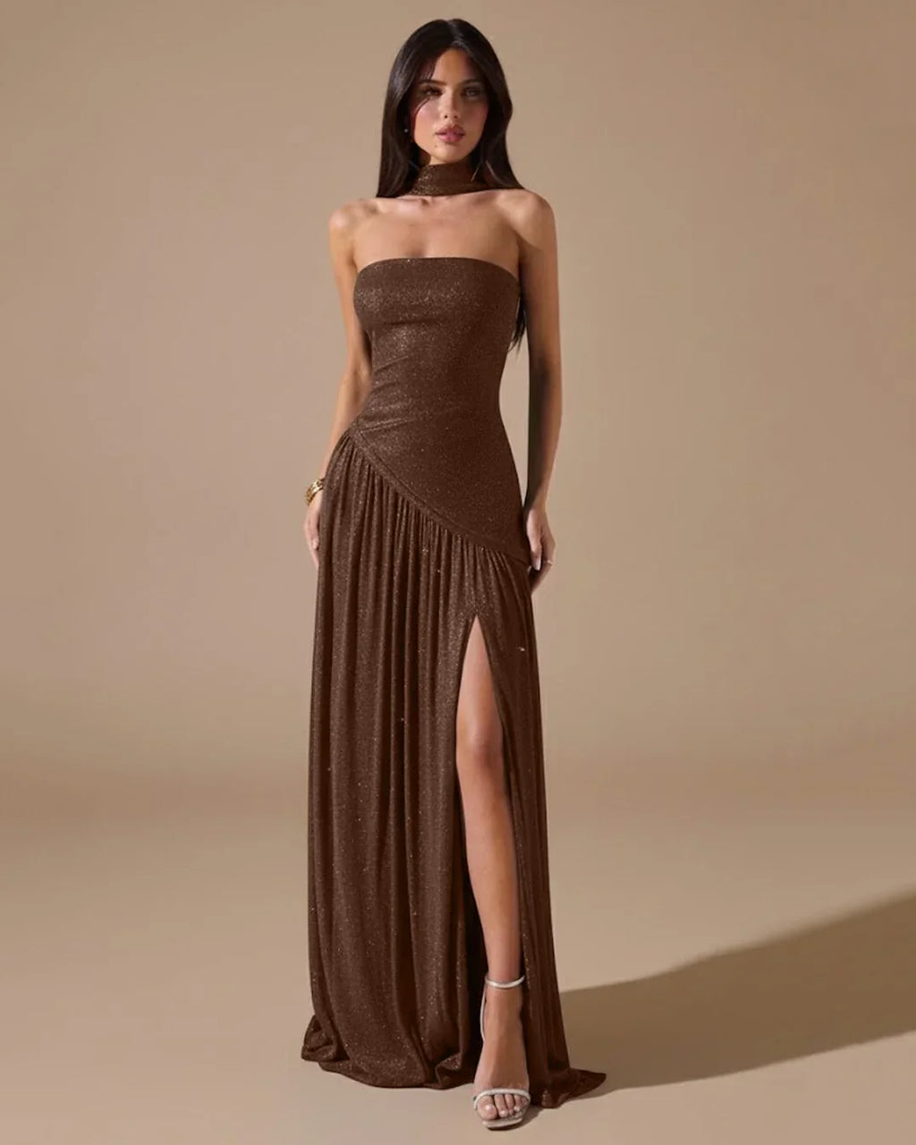 Strapless High Slit Fitted Maxi Dress in Brown