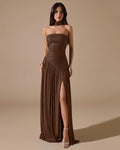 Strapless High Slit Fitted Maxi Dress in Brown