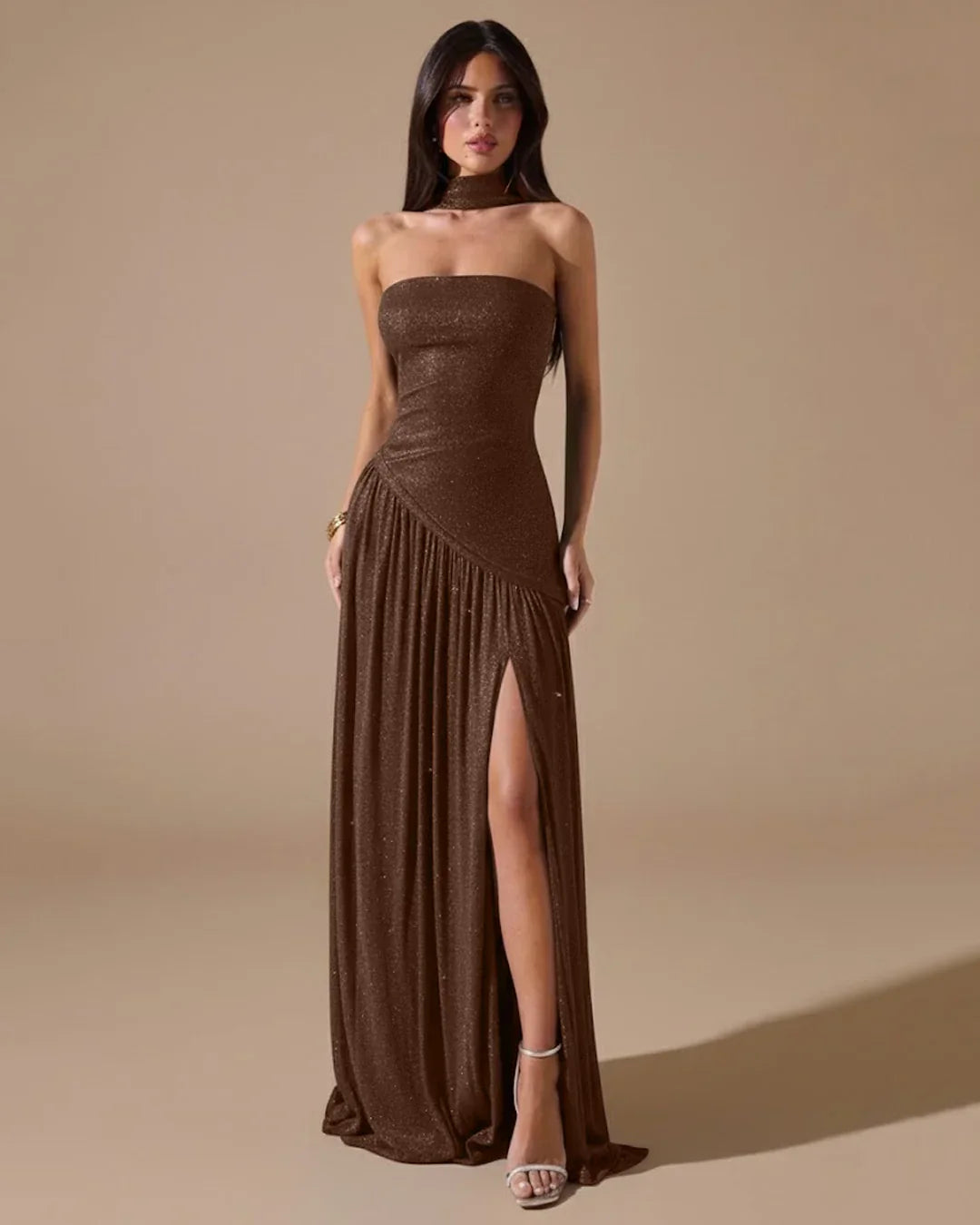 Strapless High Slit Fitted Maxi Dress in Brown