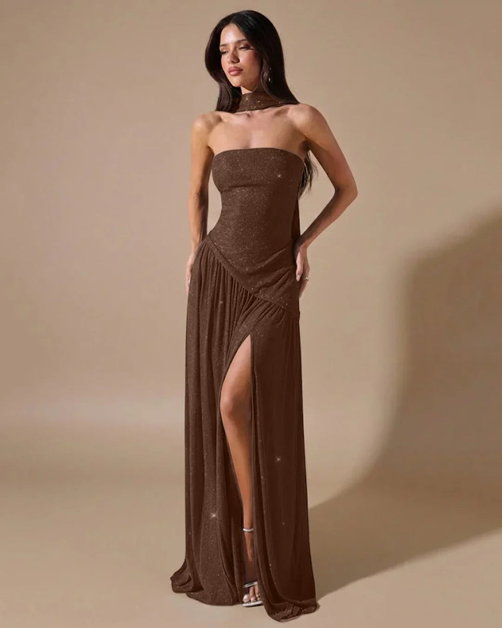 Strapless High Slit Fitted Maxi Dress in Brown