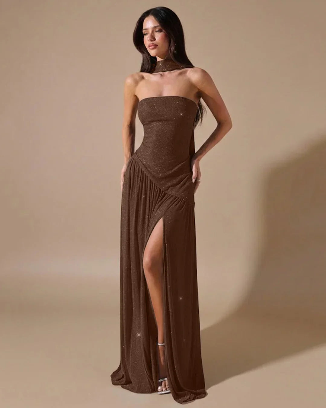 Strapless High Slit Fitted Maxi Dress in Brown