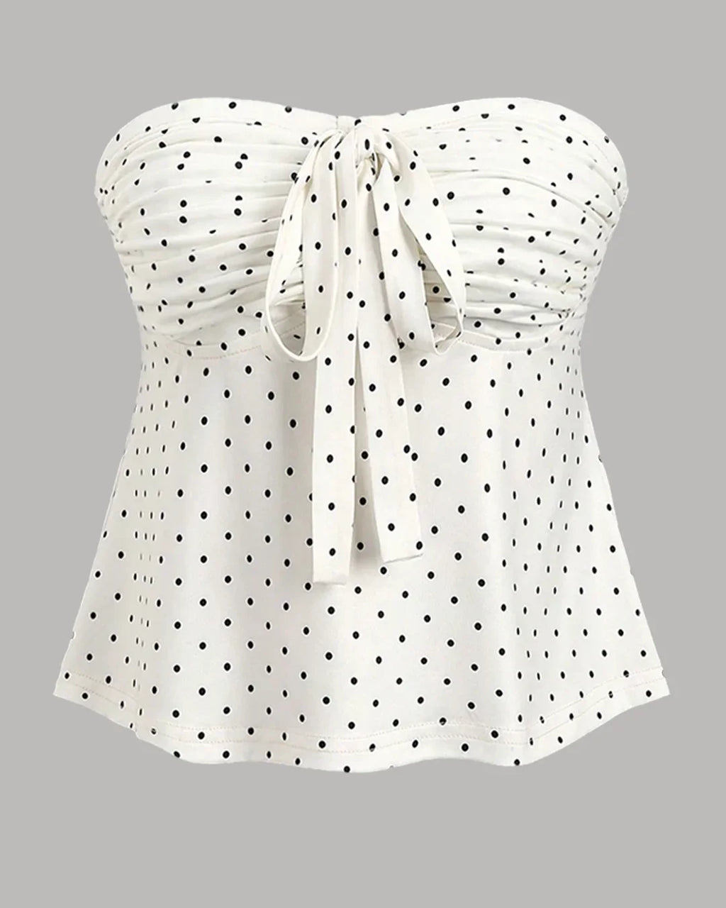 Strapless Ruched Polka Dot Tie-Up Top in White and Black