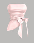 Strapless Slim Fit Ruched Hem Solid Sleeveless Crop Top in Satin Cherry Blossom