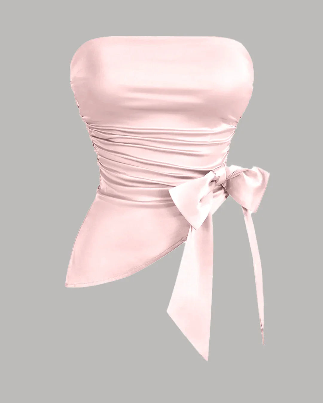 Strapless Slim Fit Ruched Hem Solid Sleeveless Crop Top in Satin Cherry Blossom
