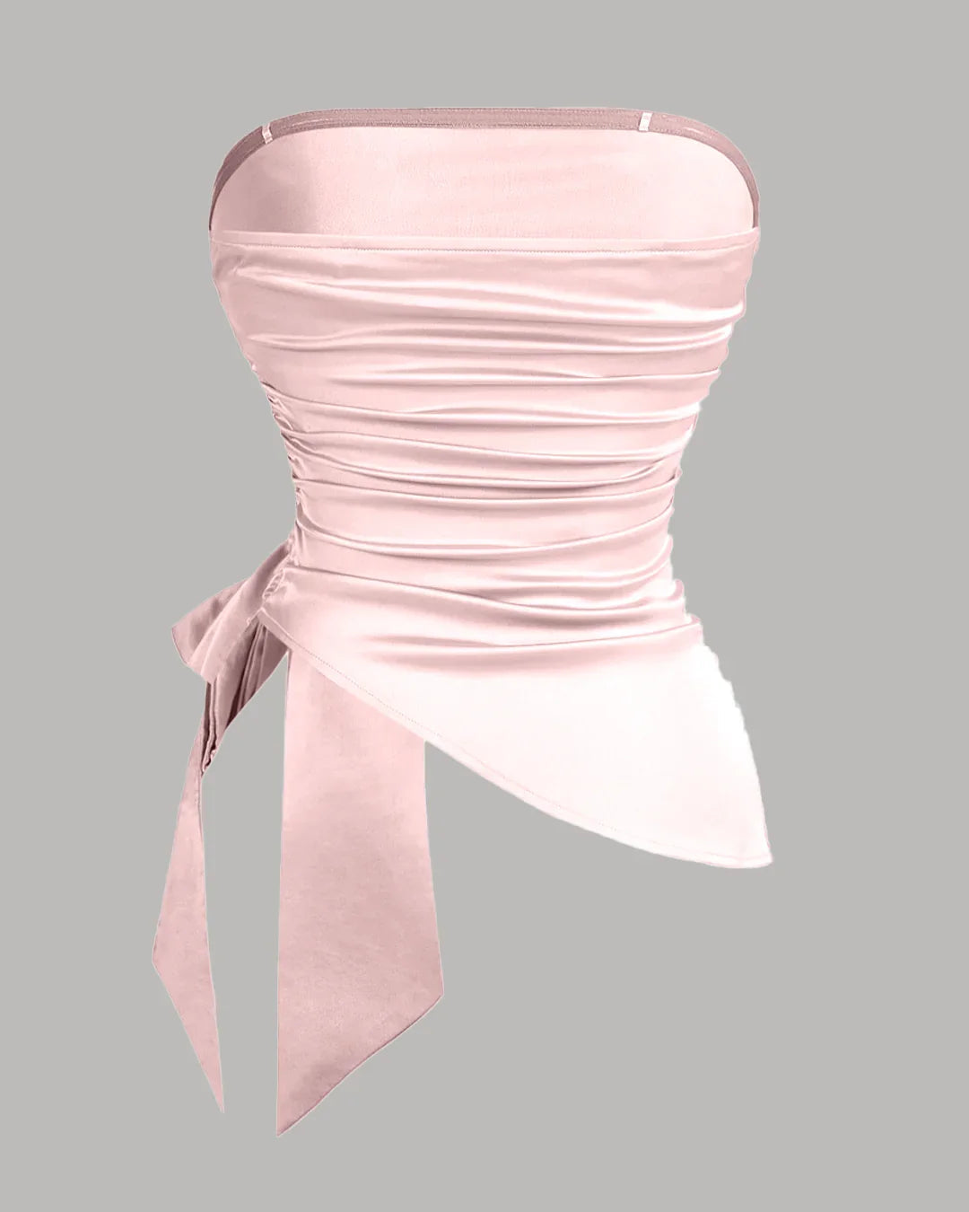 Strapless Slim Fit Ruched Hem Solid Sleeveless Crop Top in Satin Cherry Blossom