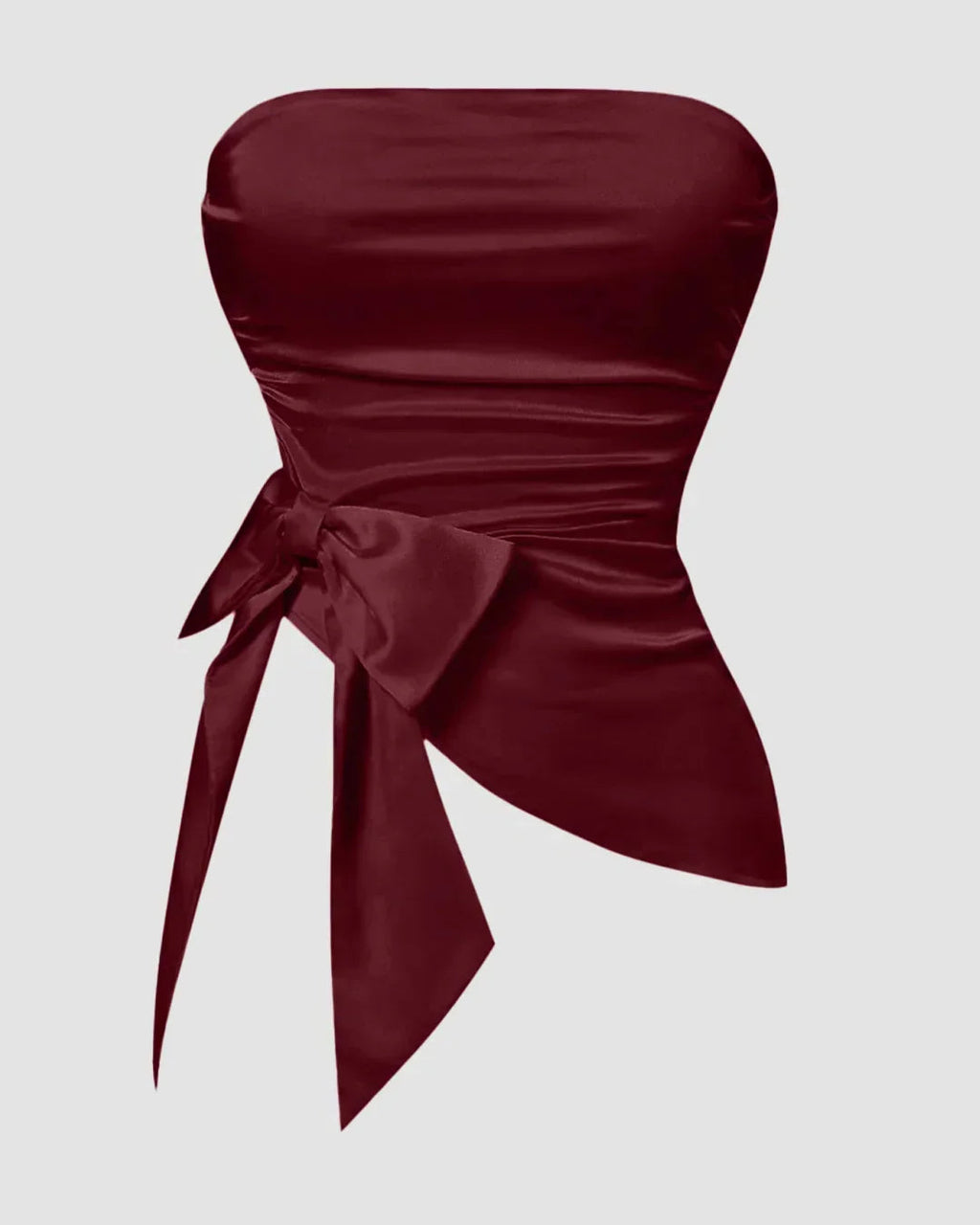 Strapless Slim Fit Ruched Hem Solid Sleeveless Crop Top in Satin Red