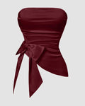 Strapless Slim Fit Ruched Hem Solid Sleeveless Crop Top in Satin Red