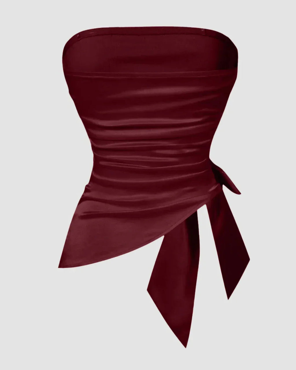 Strapless Slim Fit Ruched Hem Solid Sleeveless Crop Top in Satin Red