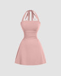 Strappy Back Halter Fit & Flare Mini Dress in Rose